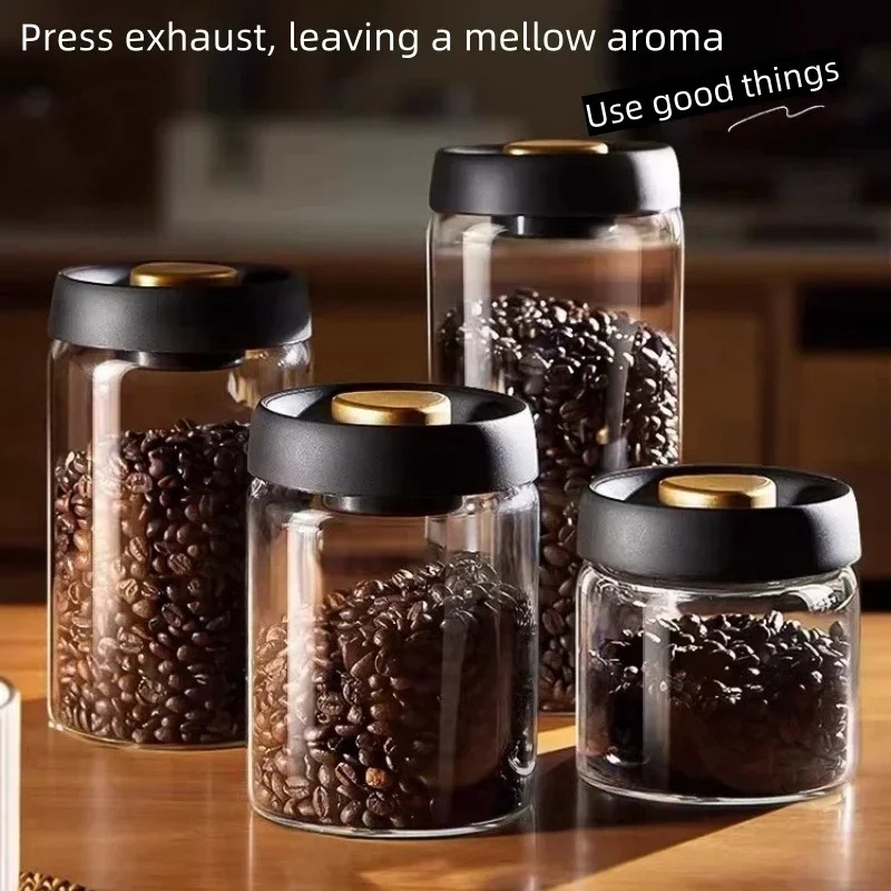 Coffee Tea Jug - โถเก็บกาแฟสุญญากาศแบบแมนนวล ทำจากแก้วบอโรซิลิเกตคุณภาพสูง ป้องกันความชื้น สำหรับเก็บชาและกาแฟในครัว
