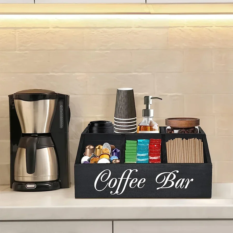 Coffee Tea Bags - กล่องเก็บกาแฟ ชั้นวางของบนเคาน์เตอร์บาร์น้ำ โครงไม้ ที่เก็บของบนโต๊ะครัว ตะกร้าใส่ถุงชาอเนกประสงค์สำหรับตกแต่ง