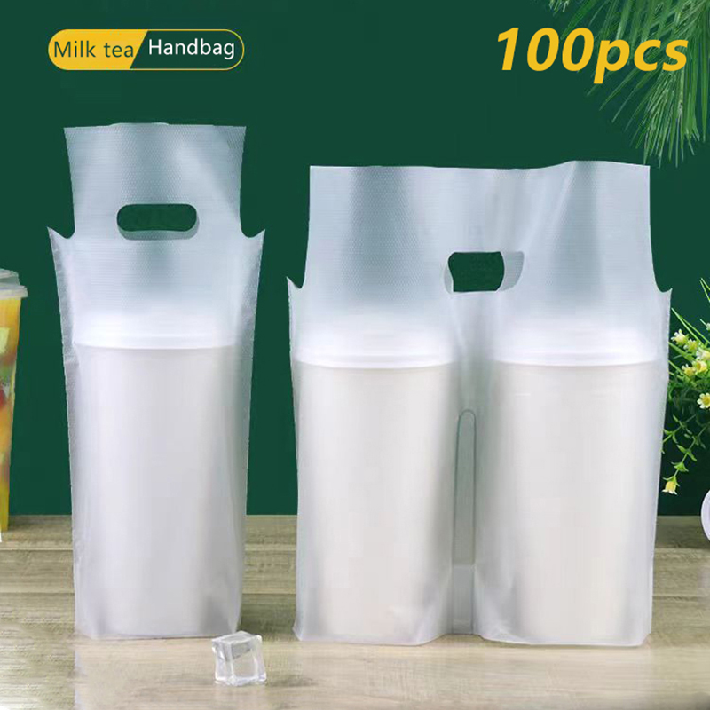 Coffee Tea Bags - ถุงบรรจุภัณฑ์ชา sữaแบบแก้วเดี่ยว/แก้วคู่ 100 ชิ้น ถุงพลาสติกใสแบบใช้แล้วทิ้งสำหรับเครื่องดื่ม ถุงหิ้วกาแฟแบบนำกลับบ้าน