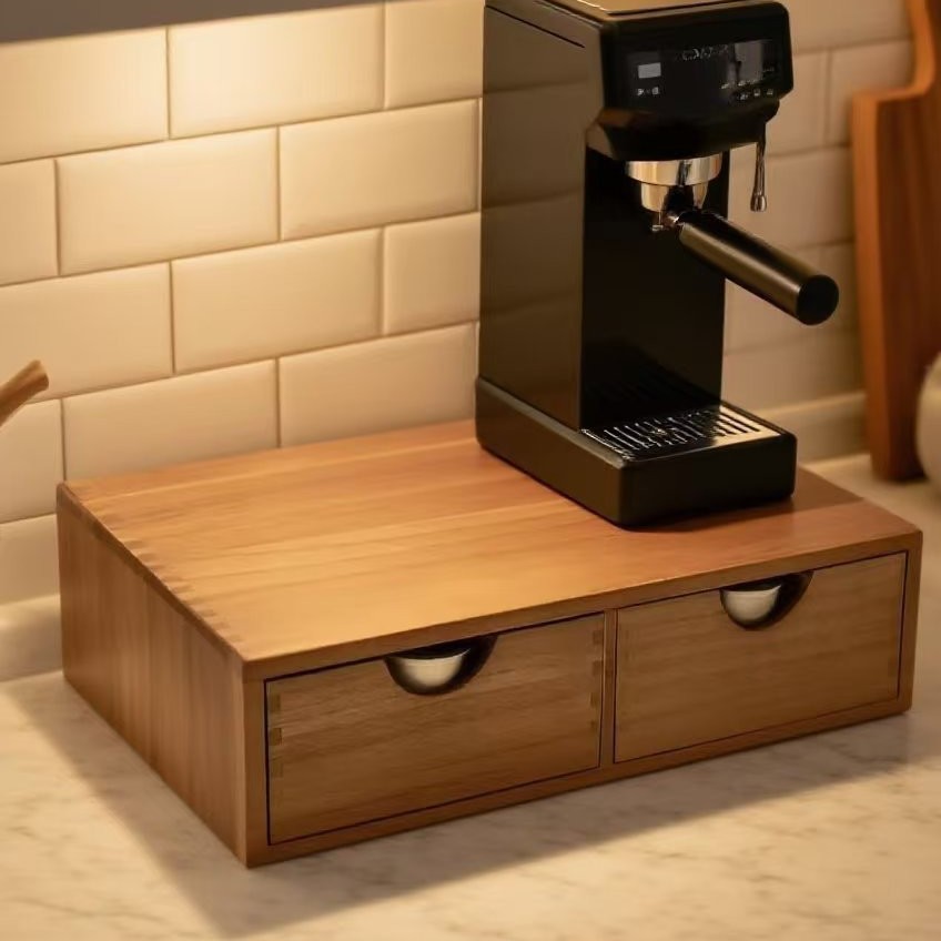 Coffee Tea Drawer Organizer - ฐานวางเครื่องชงกาแฟไม้เนื้อแข็งสไตล์มินิมอล พร้อมกล่องเก็บแคปซูลกาแฟแบบสองชั้น กล่องเก็บถุงชา และกล่องเก็บเครื่องประดับสำหรับวางบนเคาน์เตอร์