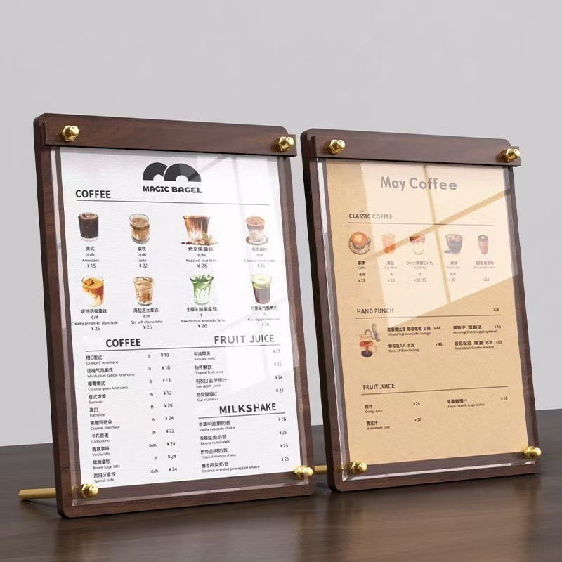 Coffee Tea Display - ป้ายเมนูอะคริลิคลายไม้แบบกำหนดเองขนาด A4/A5 พร้อมขาตั้งสำหรับร้านชานมและกาแฟ ป้ายสั่งอาหาร ป้ายโฆษณาตั้งโต๊ะ