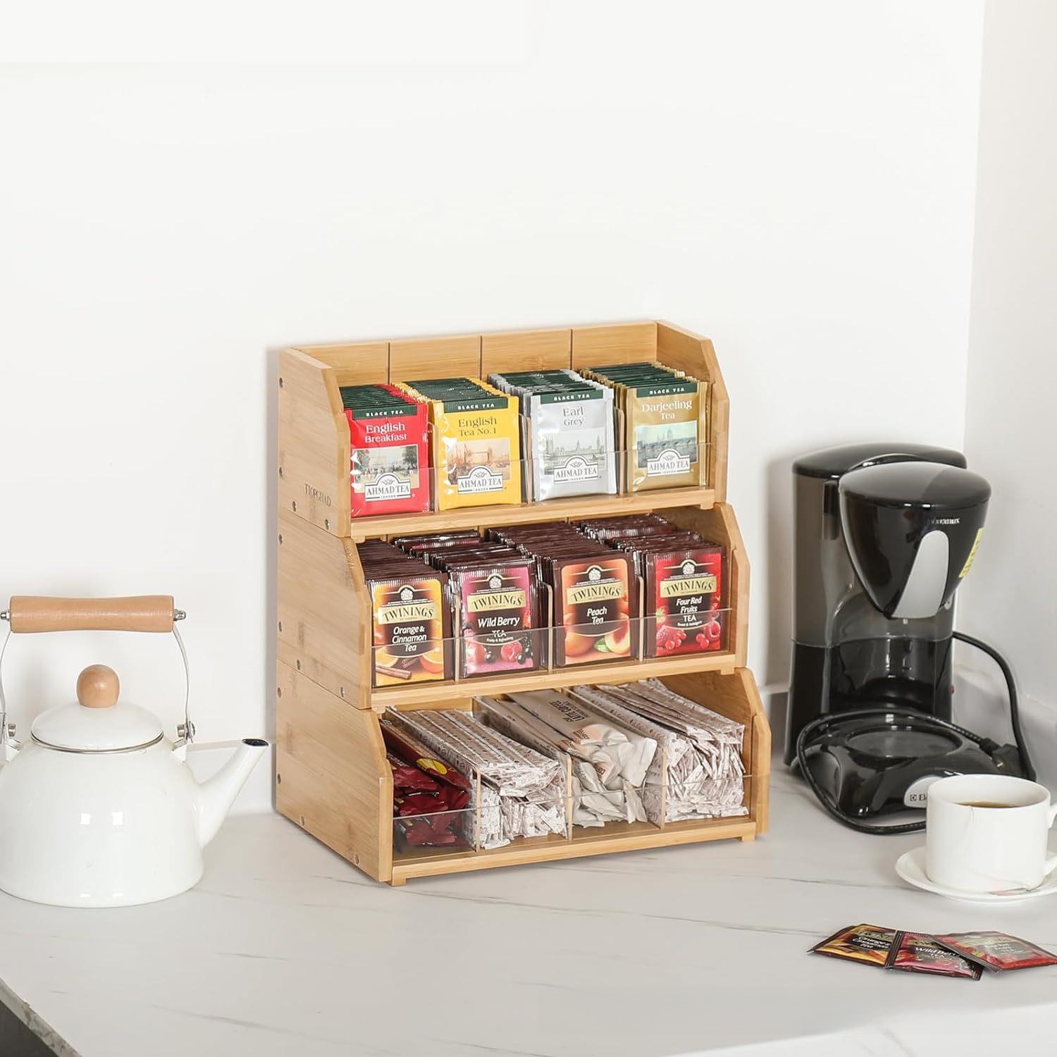 Coffee Tea Bags - กล่องเก็บถุงชาไม้ไผ่ ชั้นวางถุงกาแฟสามชั้น ชั้นวางโชว์กาแฟ สถานีกาแฟ ห้องชา กล่องเก็บกาแฟแคปซูล