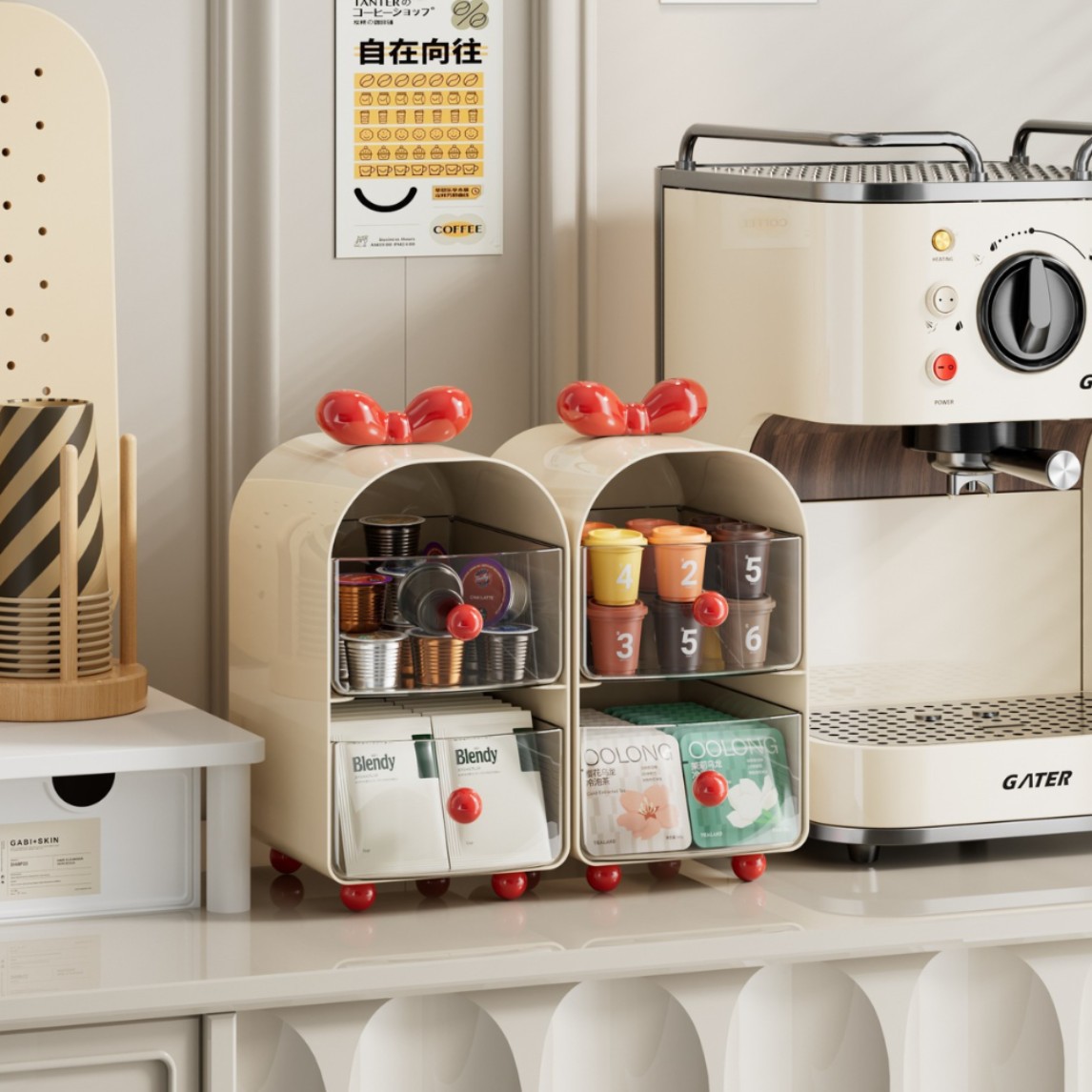 Coffee Tea Bags - กล่องเก็บแคปซูลกาแฟแบบครีมมี่, กล่องเก็บของแบบลิ้นชัก 2 ชั้นสำหรับถุงชา, ค-คัพ และอุปกรณ์ตั้งโต๊ะ