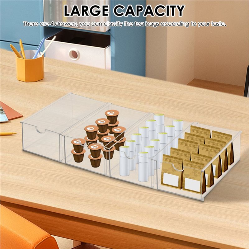 Coffee Tea Drawer Organizer - กล่องจัดเก็บถุงชา AB11, กล่องเก็บของแบบใสซ้อนกันได้พร้อมลิ้นชัก 4 ช่อง, ที่เก็บเครื่องประดับ