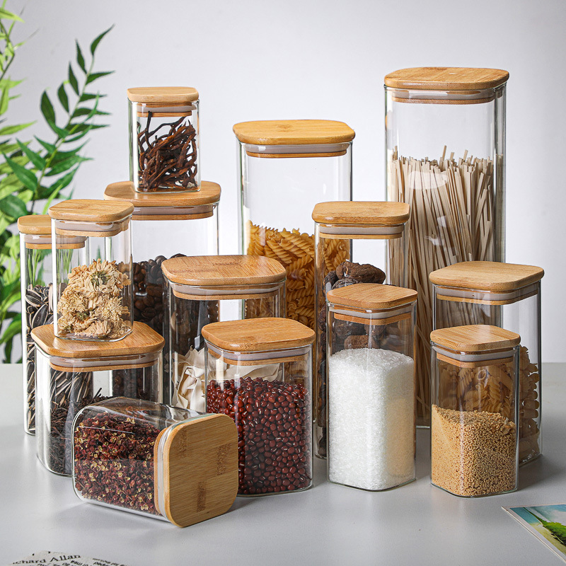 Coffee Tea Drawer Organizer - กระป๋องแก้วไม้ไผ่ทรงสี่เหลี่ยมขวดนมใสสำหรับใส่ชาและกาแฟกล่องมีฝาปิด